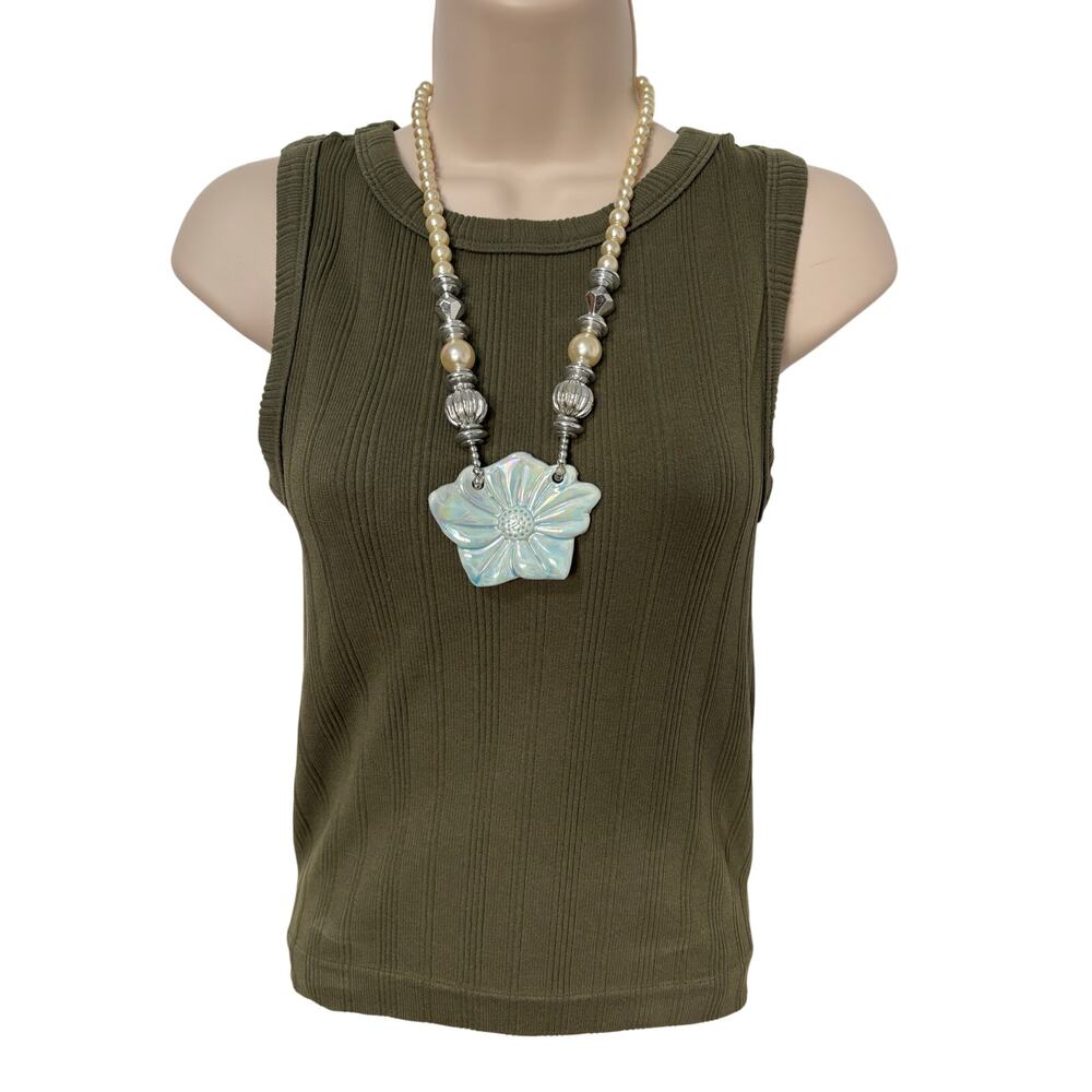 Women's Faux Pearl Blue Ceramic Flower Necklace Silver Beaded Fairy Mermaid Gift